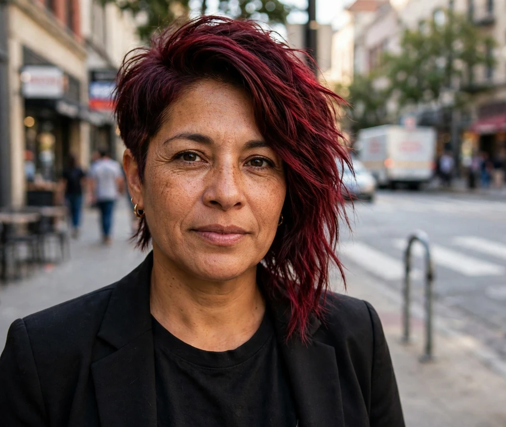 Asymmetric edgy bob on a Latina woman in a black blazer on a downtown street