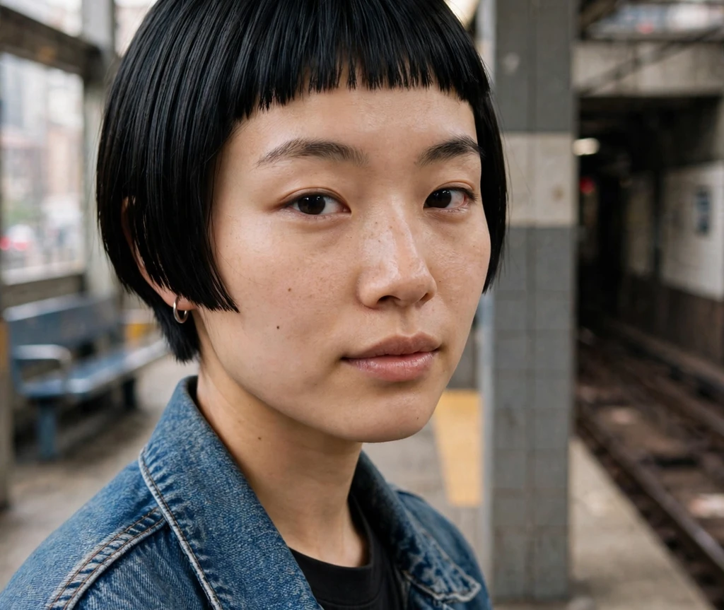 Blunt micro bob on an East Asian woman in a denim jacket at a subway station