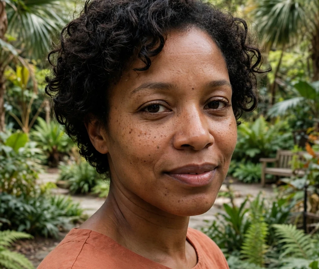 Curly cropped bob on a Black woman in a terracotta top in a botanical garden