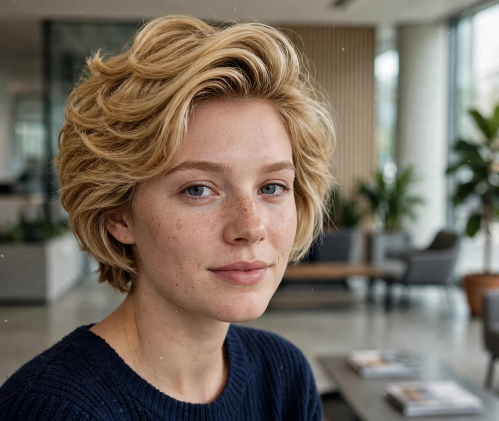 Stacked volumized bob on a young woman in a navy knit top in an office lobby