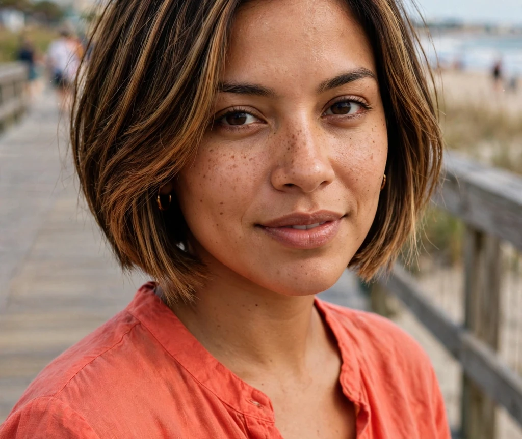 Graduated inverted bob with caramel balayage on a Latina woman in a coral blouse