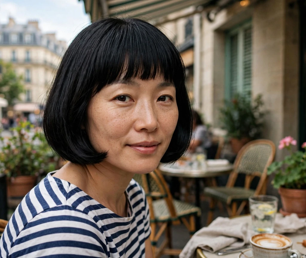 French girl bob with bangs on an East Asian woman in a striped Breton top