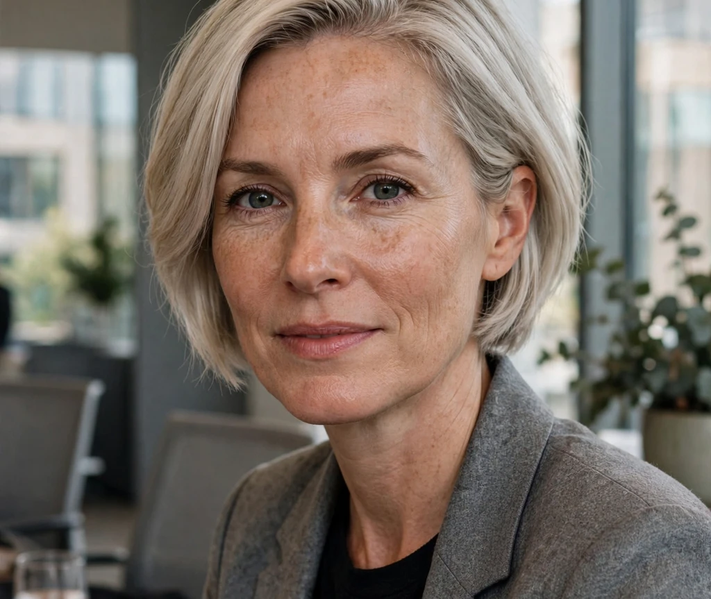 Side-parted sophisticated bob on a woman in a gray blazer in a conference room