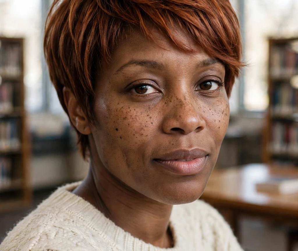 Pixie-bob hybrid cut on a Black woman in a cream sweater in a library