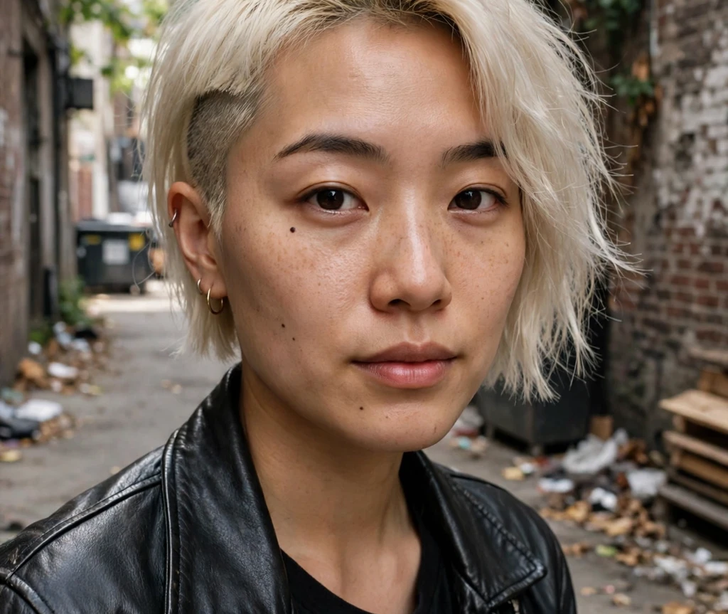Platinum bob with shaved undercut accent on a woman in a black leather jacket