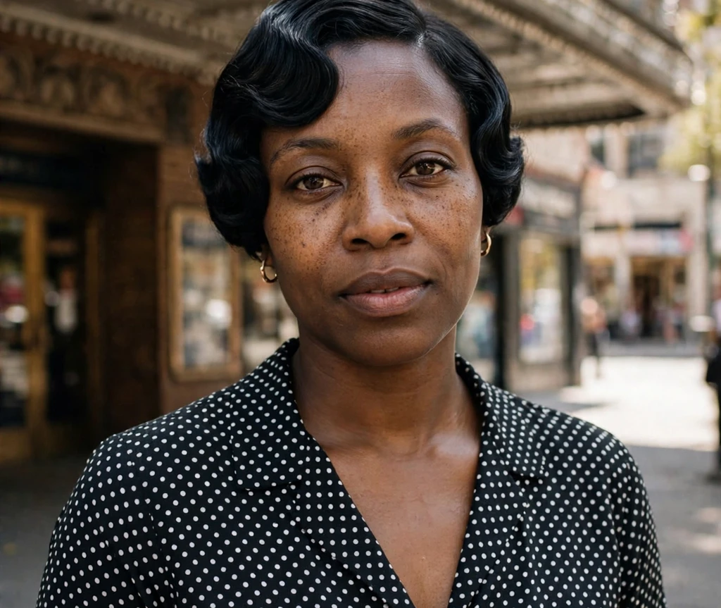 Retro finger-wave bob on a Black woman in a polka-dot dress at a vintage theater