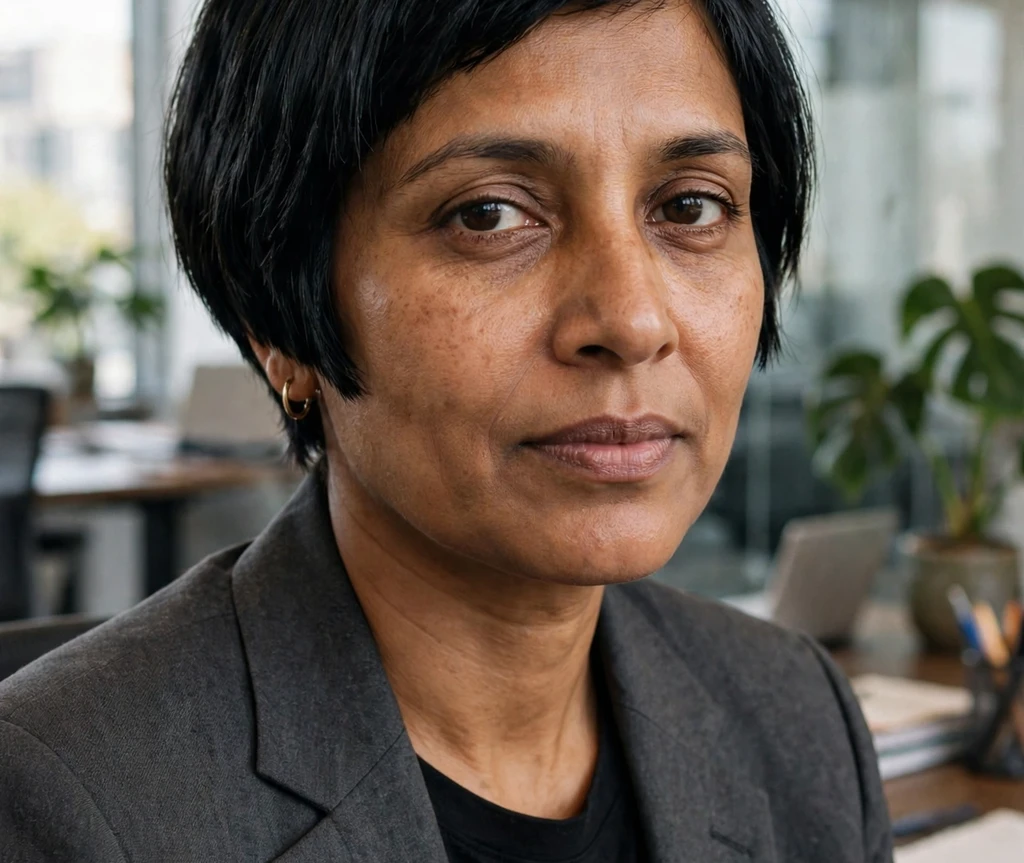 Razor-cut sharp bob on a South Asian woman in a charcoal pantsuit in a modern office