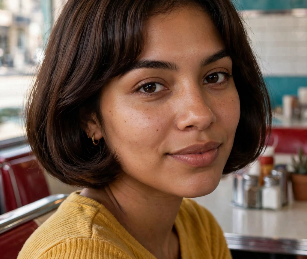 Rounded pageboy bob on a Latina woman in a mustard-yellow top in a retro diner