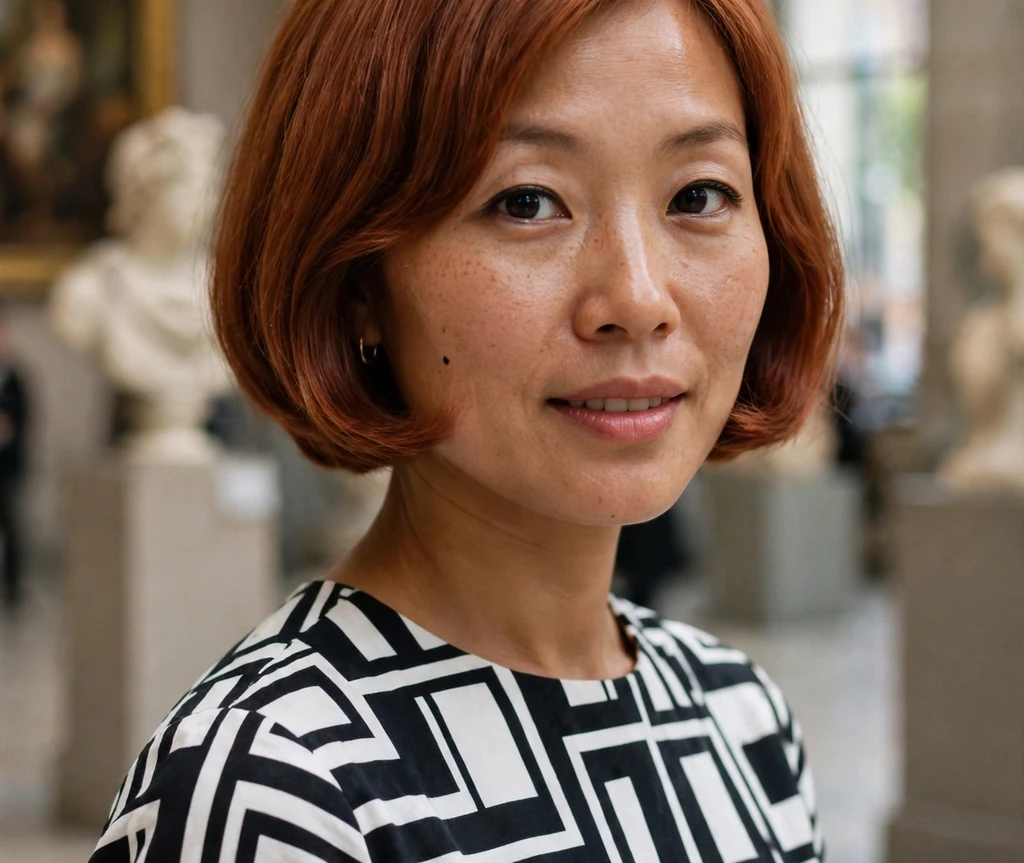 Swinging 60s-inspired bob on an East Asian woman in a mod shift dress at a museum