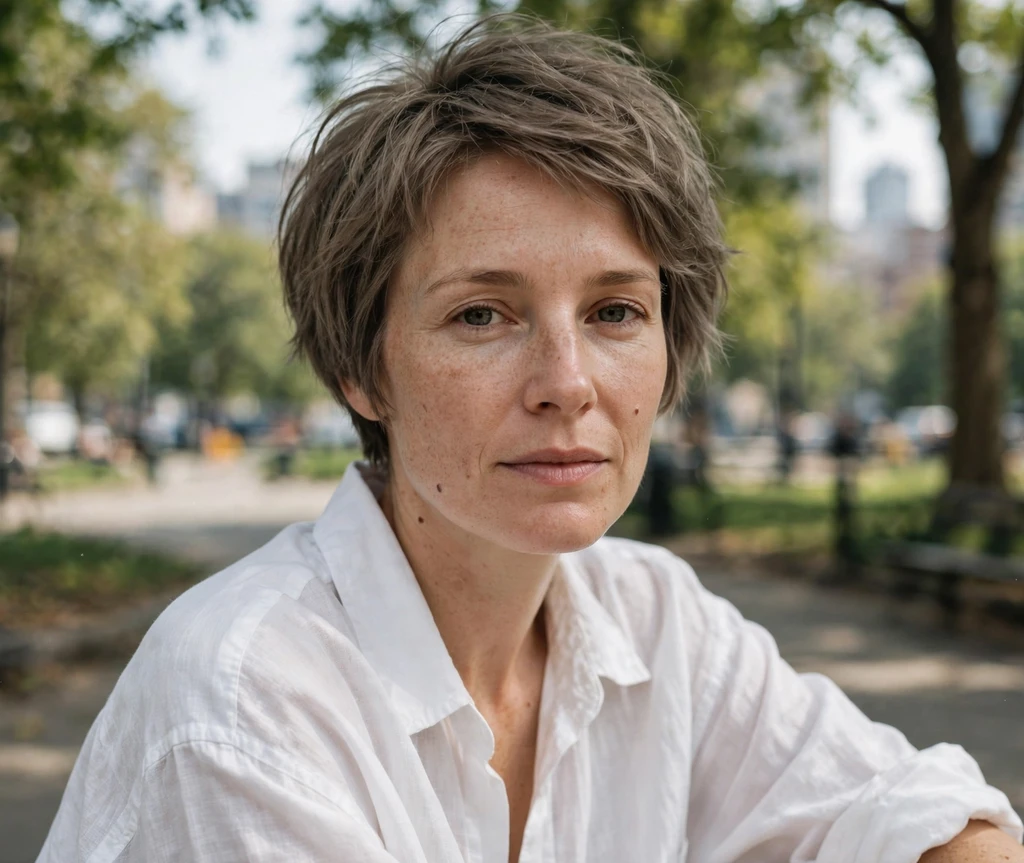 Boyish androgynous bob on a woman in an oversized white shirt in an urban park
