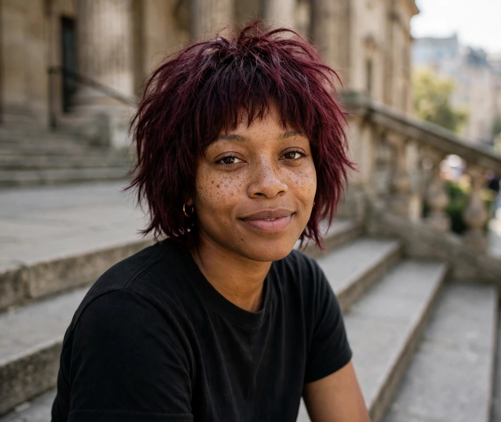 Shaggy rocker bob on a Black woman in a band t-shirt on concert hall steps