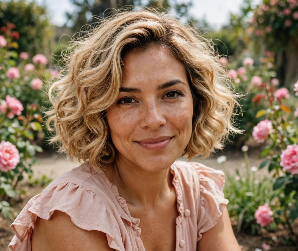 Romantic soft-curl bob on a Latina woman in a blush-pink dress in a rose garden
