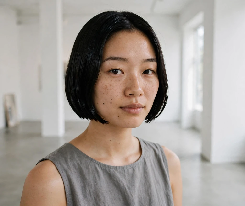 High-gloss glass bob on an East Asian woman in a minimalist gray dress in a white gallery