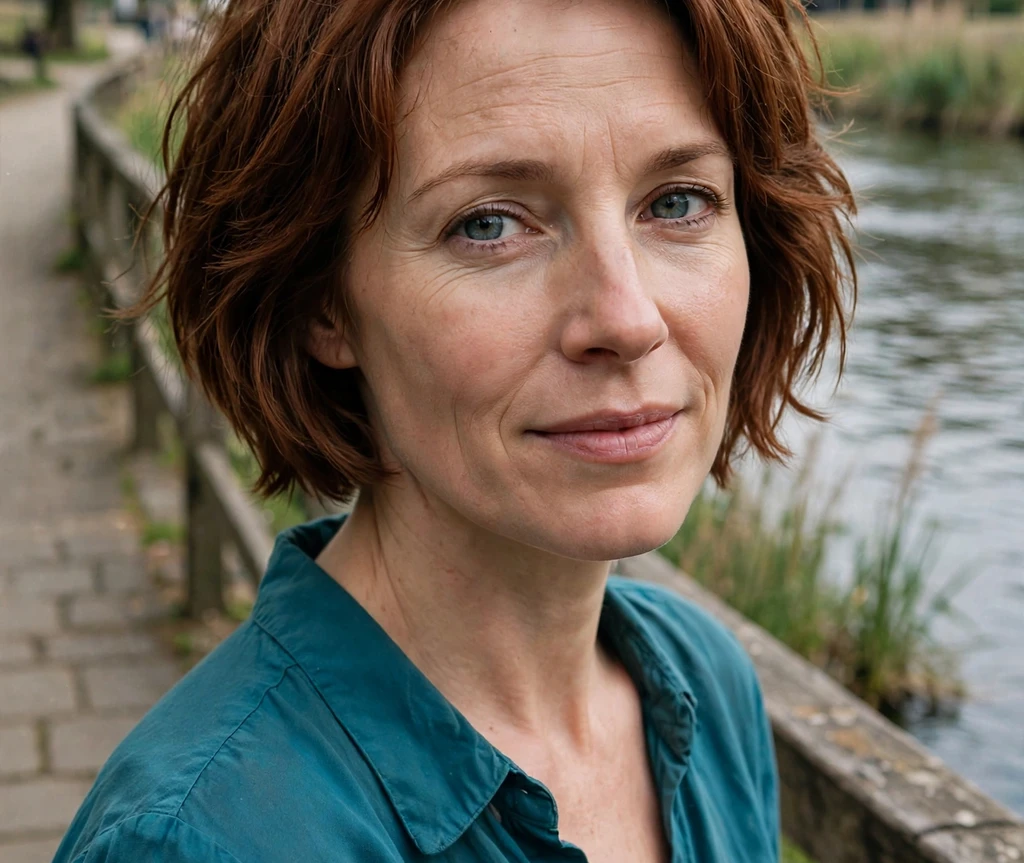 Piecey textured bob on a woman in a teal blouse on a riverside walkway
