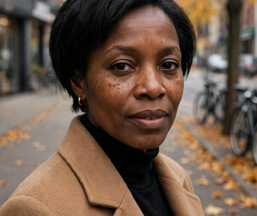 Tapered nape bob on a Black woman in a camel coat on an autumn city street