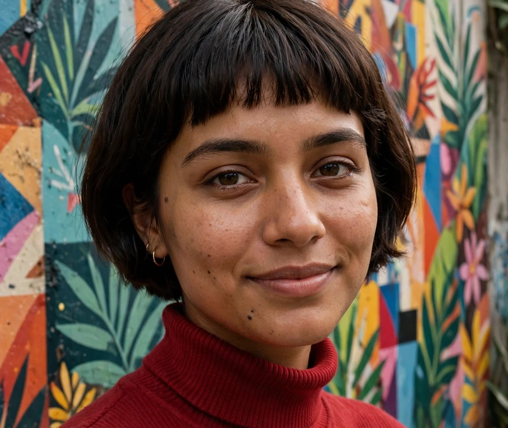 Bowl-cut revival bob on a South Asian woman in a red turtleneck at a mural wall