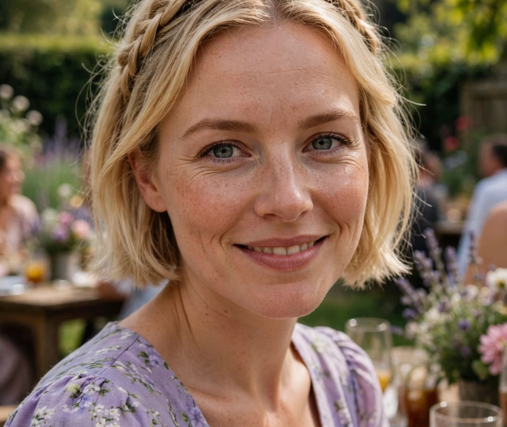 Short blonde bob with a braided crown on a woman in a lavender floral dress