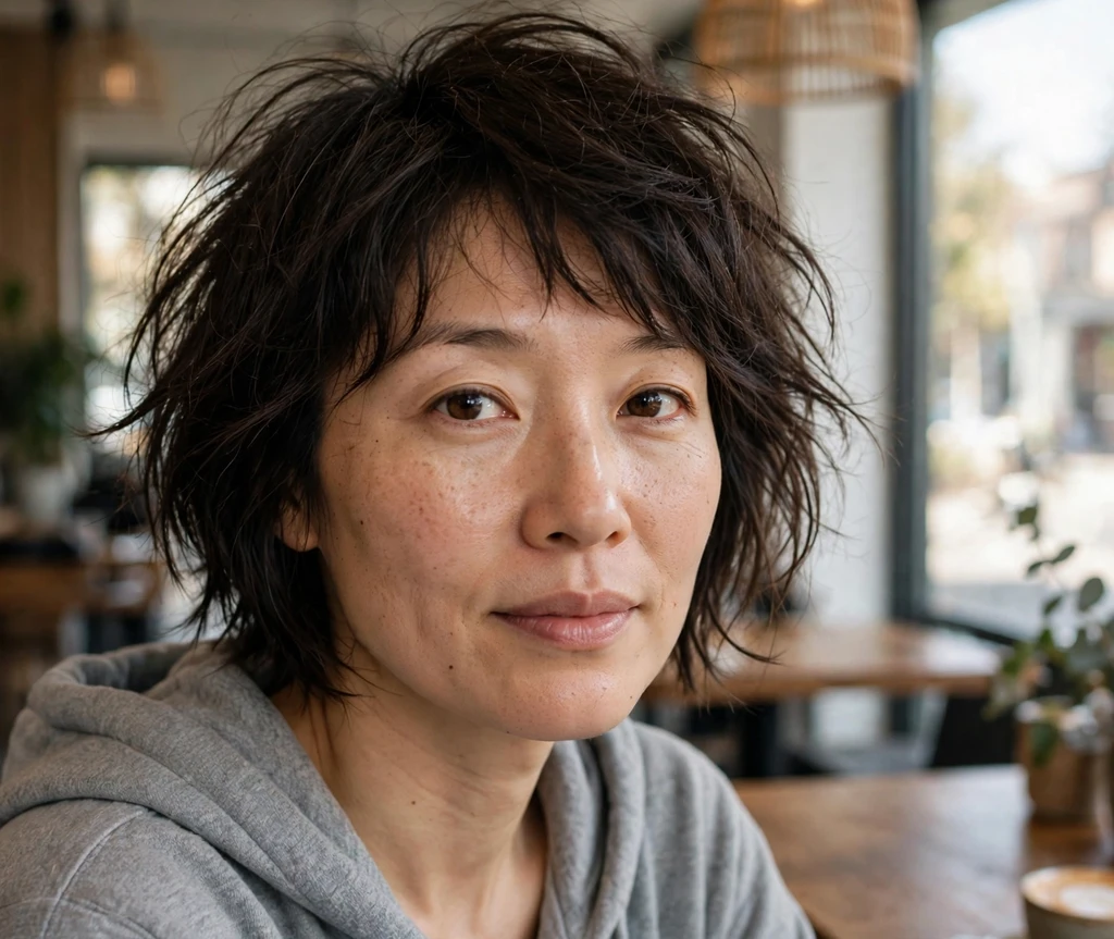 Messy bedhead bob on an East Asian woman in a gray hoodie in a coffee shop