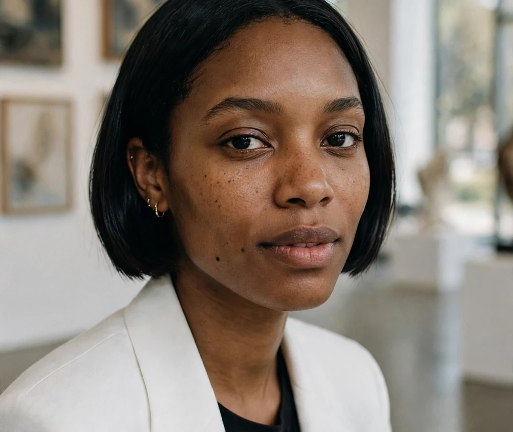 Sleek bob tucked behind the ears on a Black woman in a white blazer