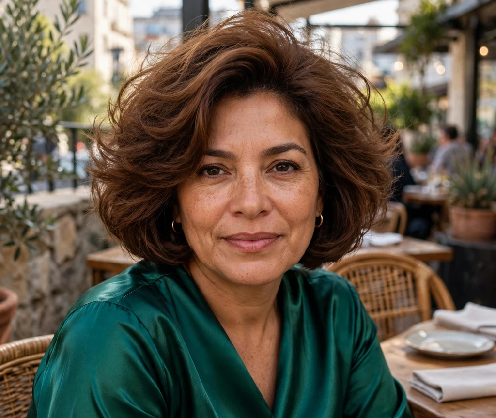 Voluminous blowout bob on a Latina woman in an emerald satin top on a restaurant terrace