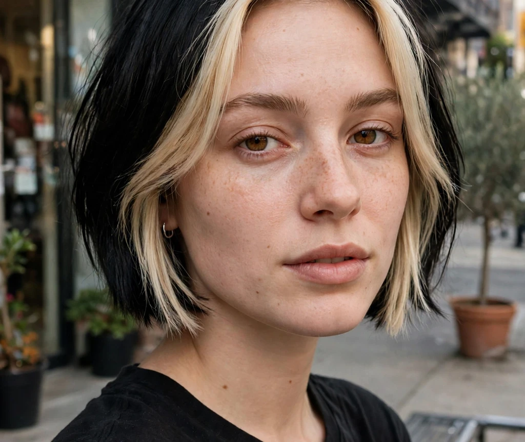 Two-tone color-block bob on a young woman in a black t-shirt in front of a storefront