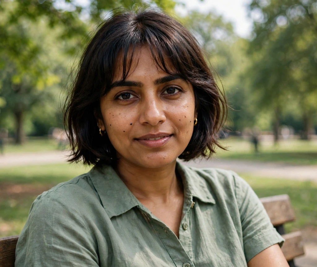 Wispy curtain-bang bob on a South Asian woman in a sage green dress on a park bench