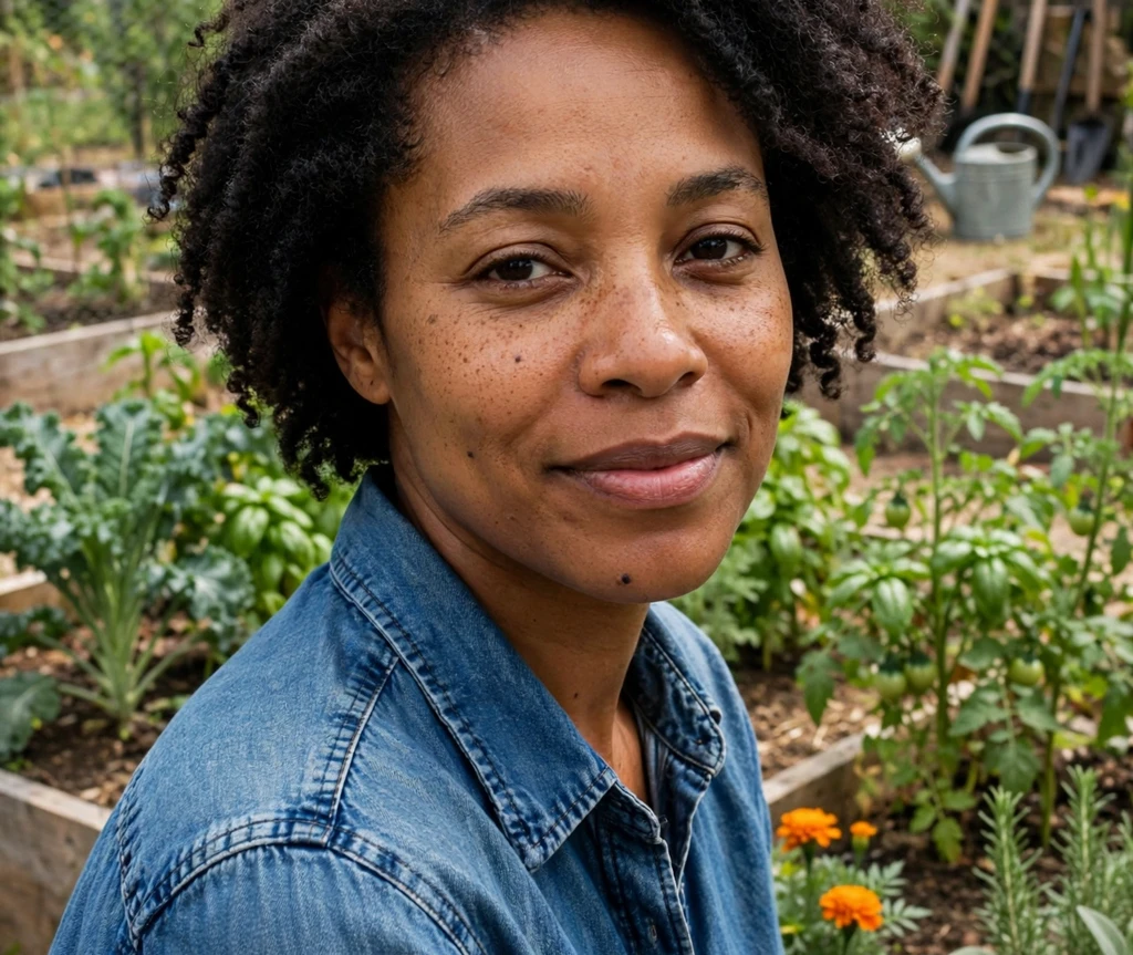 Air-dried natural bob on a Black woman in a denim shirt in a community garden