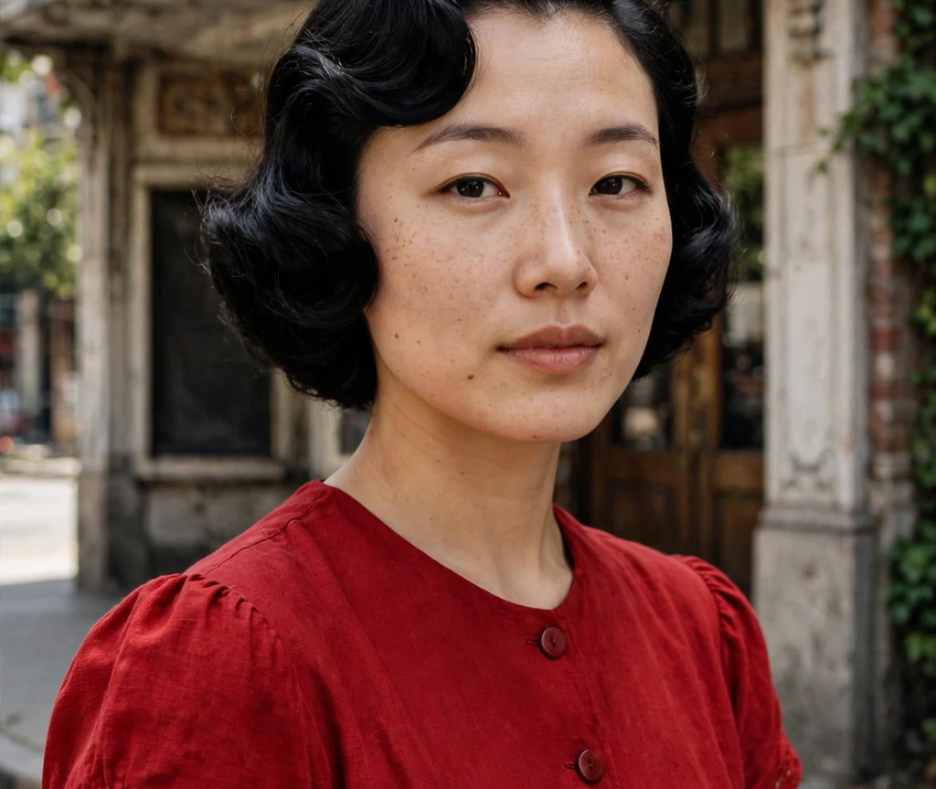 Vintage Hollywood wave bob on an East Asian woman in a red vintage dress at an old cinema