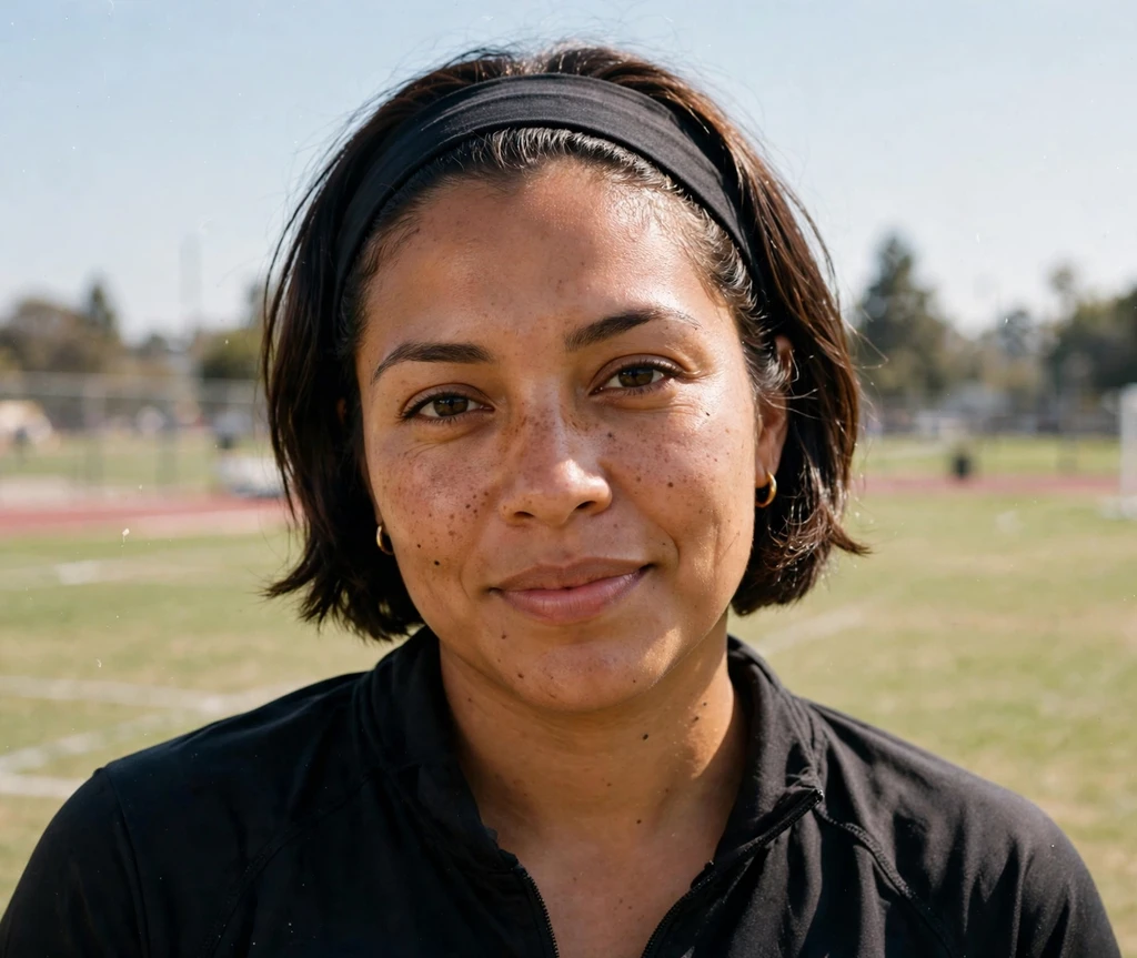 Sporty gym-ready bob with a headband on a Latina woman in an athletic jacket