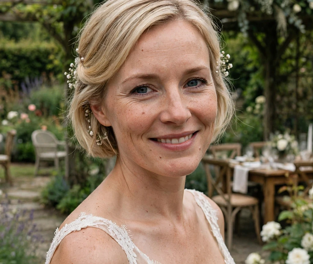 Elegant bridal bob on a woman in an ivory dress in a wedding venue garden