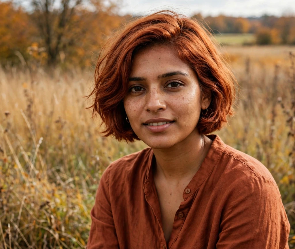 Copper shine bob on a South Asian woman in a rust blouse in an autumn field