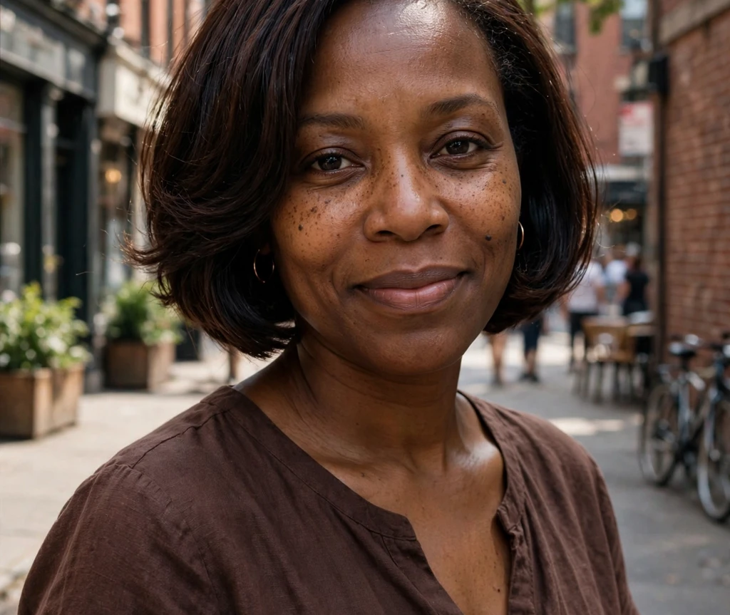 Espresso shine bob on a Black woman in a chocolate brown dress on a brick street