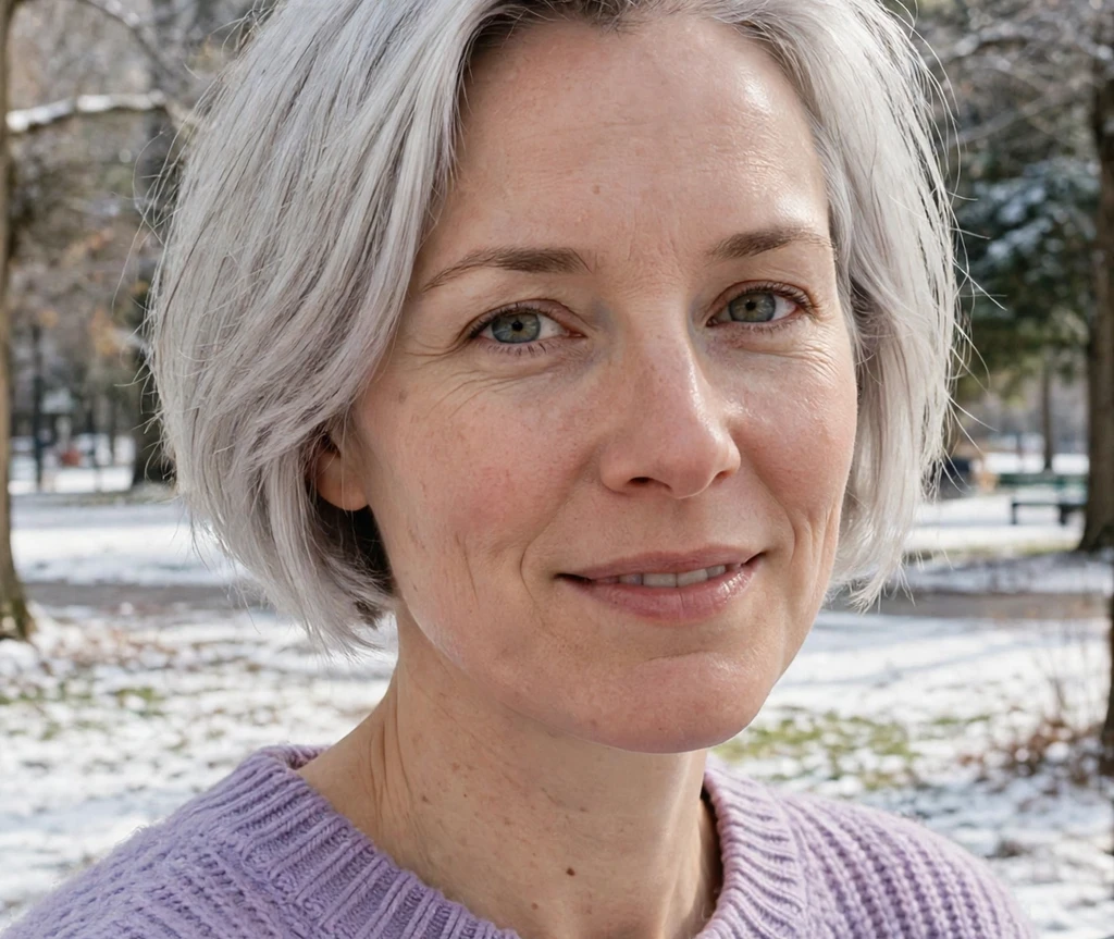 Silver platinum bob on a woman in a lavender sweater in a bright winter park