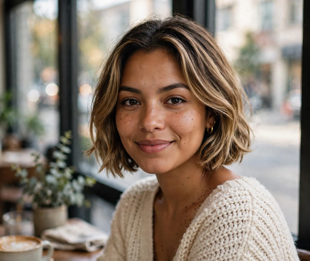 Honey balayage bob on a Latina woman in a cream knit sweater by a cafe window