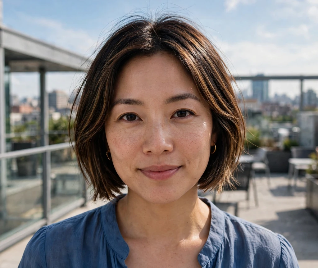 Dimensional highlight bob on an East Asian woman in a blue blouse on an office rooftop