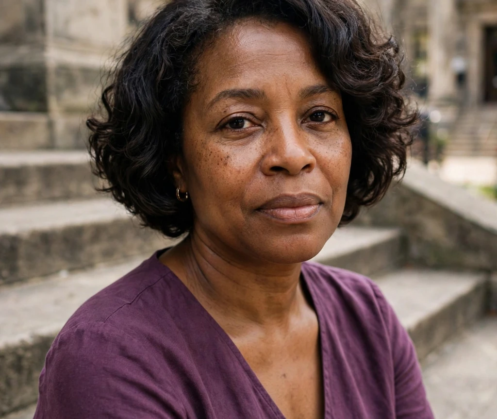 Soft perm bob on a Black woman in a plum dress on historic building steps