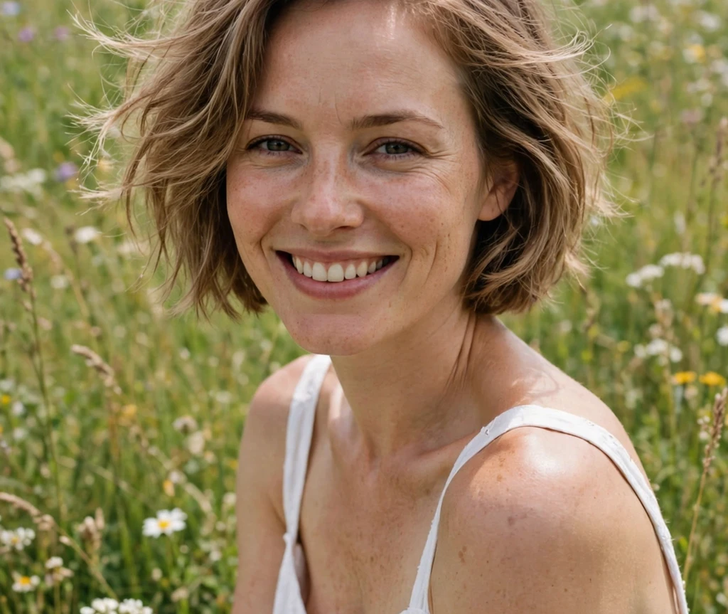 Effortless airy bob on a woman in a white summer dress in a sunny meadow
