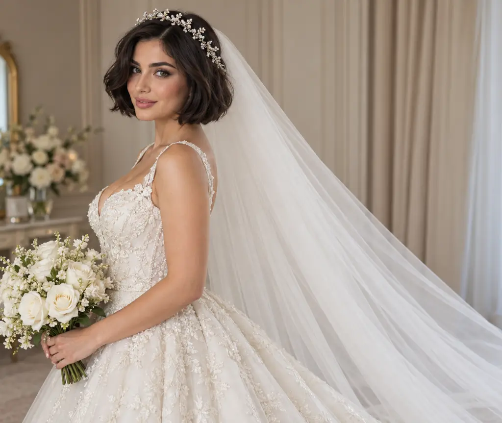 Short Bob with a Crystal Halo and Cathedral Veil