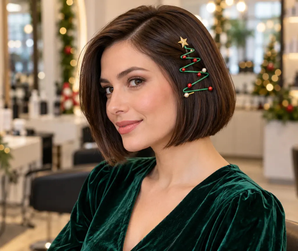 Short Bob with Christmas Tree Hair Clips