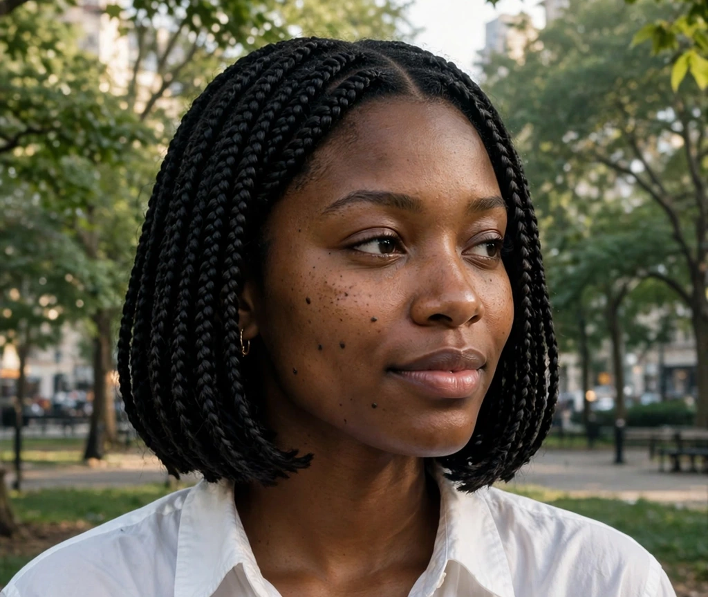 Black woman with classic chin-length box braids in a city park