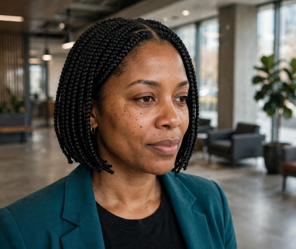 Black woman with middle-part bob box braids in an office lobby