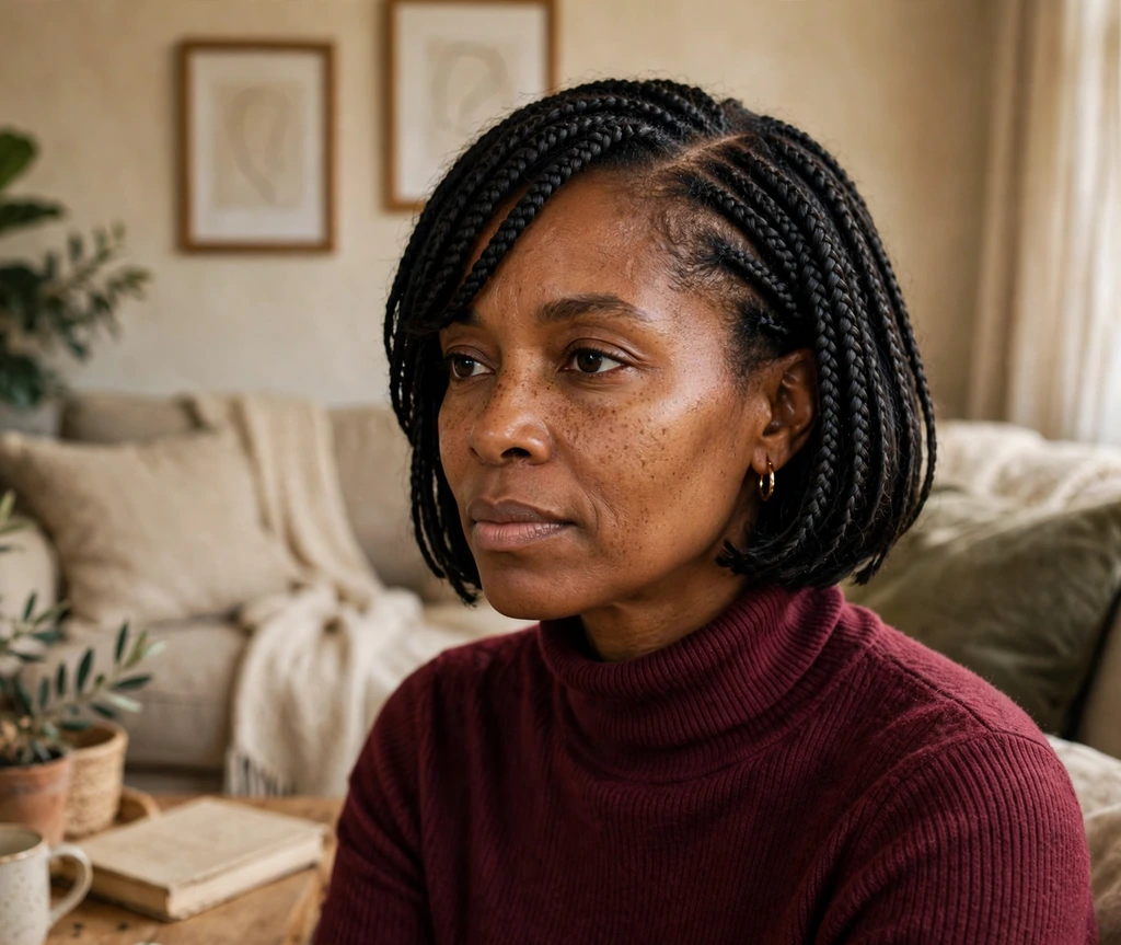Black woman with deep side-part box braids on a living room sofa