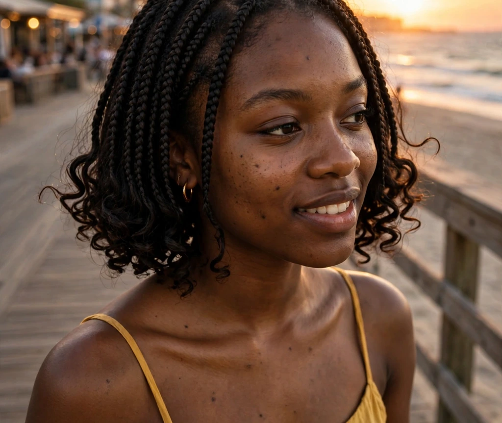 Black woman with curly-end bob box braids on a beach boardwalk