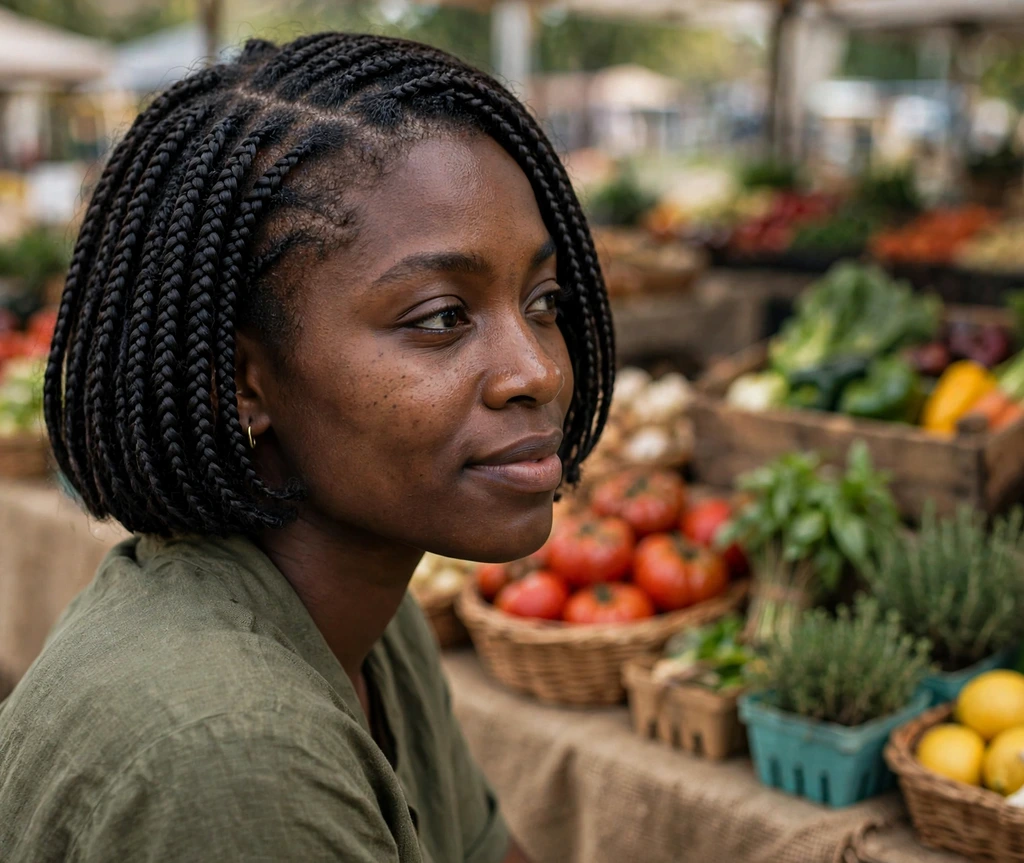 Black woman with knotless bob box braids at a farmers market