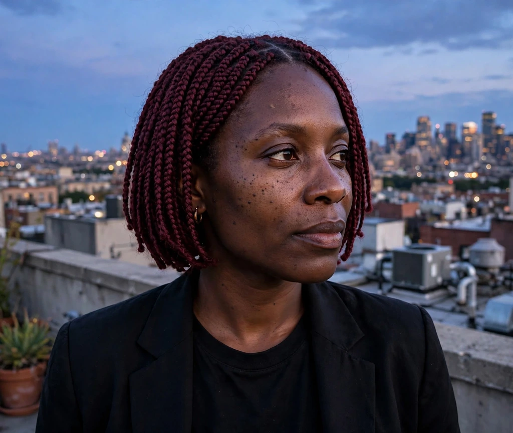 Black woman with burgundy short box braids on a city rooftop