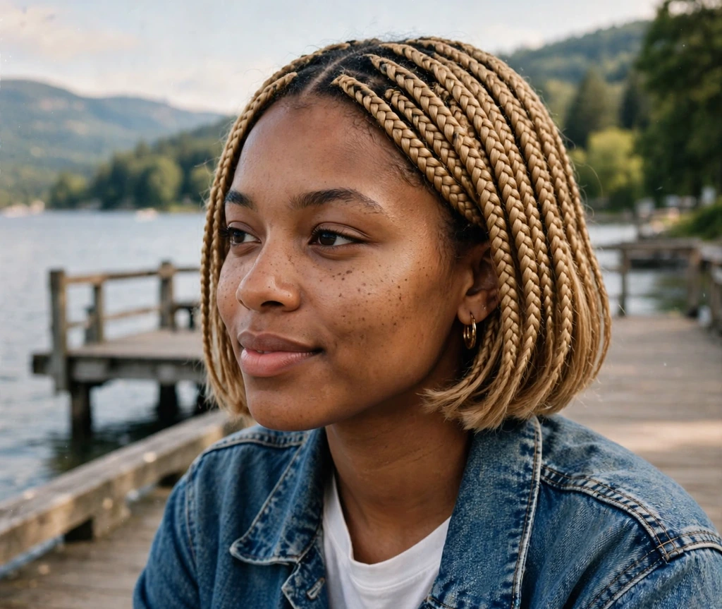 Black woman with honey blonde bob box braids on a lakeside pier