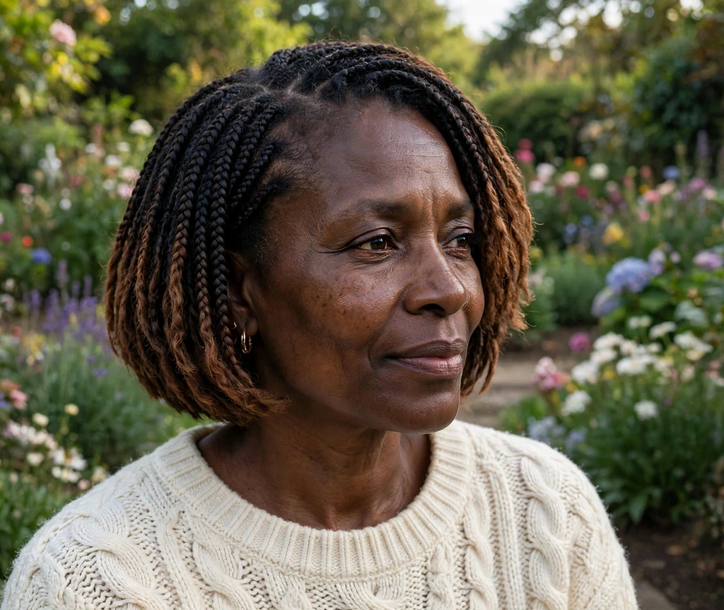 Black woman with ombre short box braids in a garden