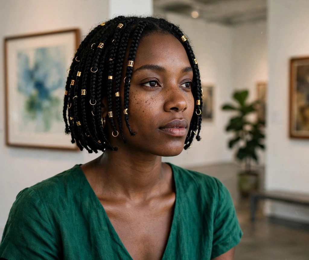 Black woman with short box braids with gold cuffs in an art gallery