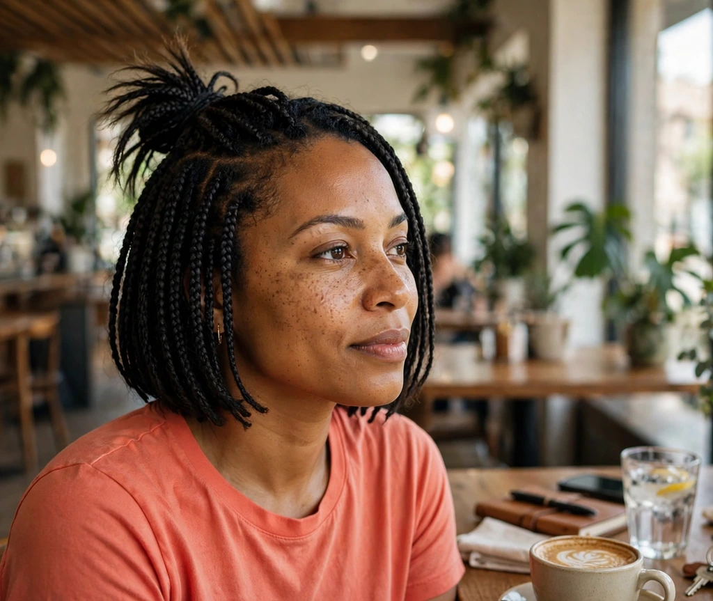 Black woman with half-up top knot short box braids at a coffee shop