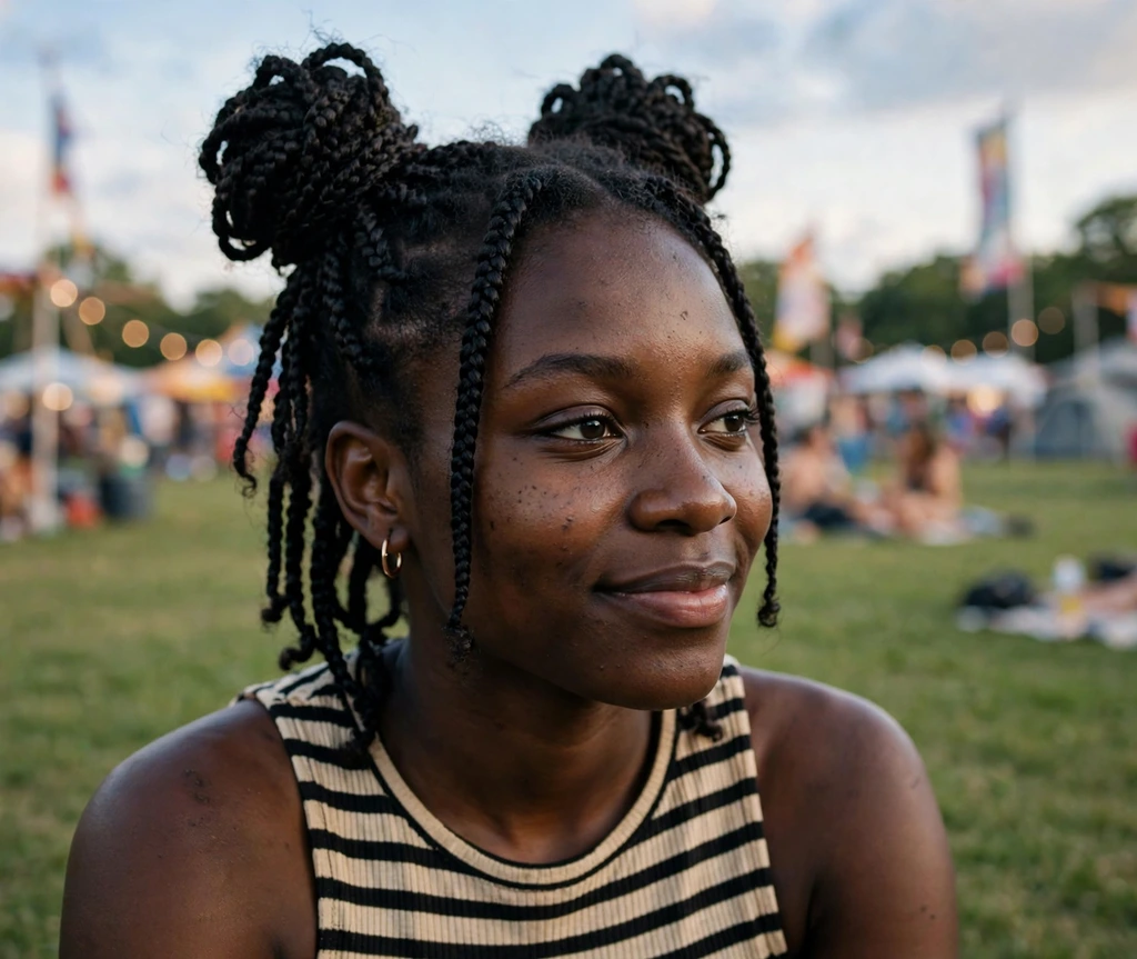 Black woman with double space buns with short box braids at a music festival